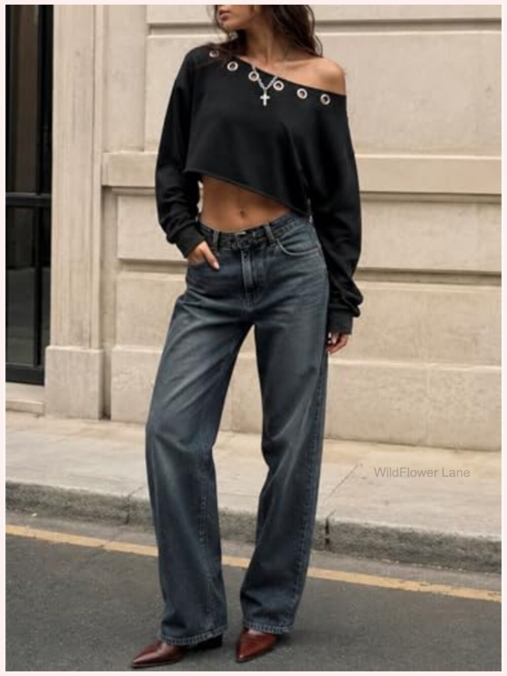 Off Shoulder Cropped Sweatshirt Asymmetrical Neck Long Sleeve Crop Top - Picture 6 of 7